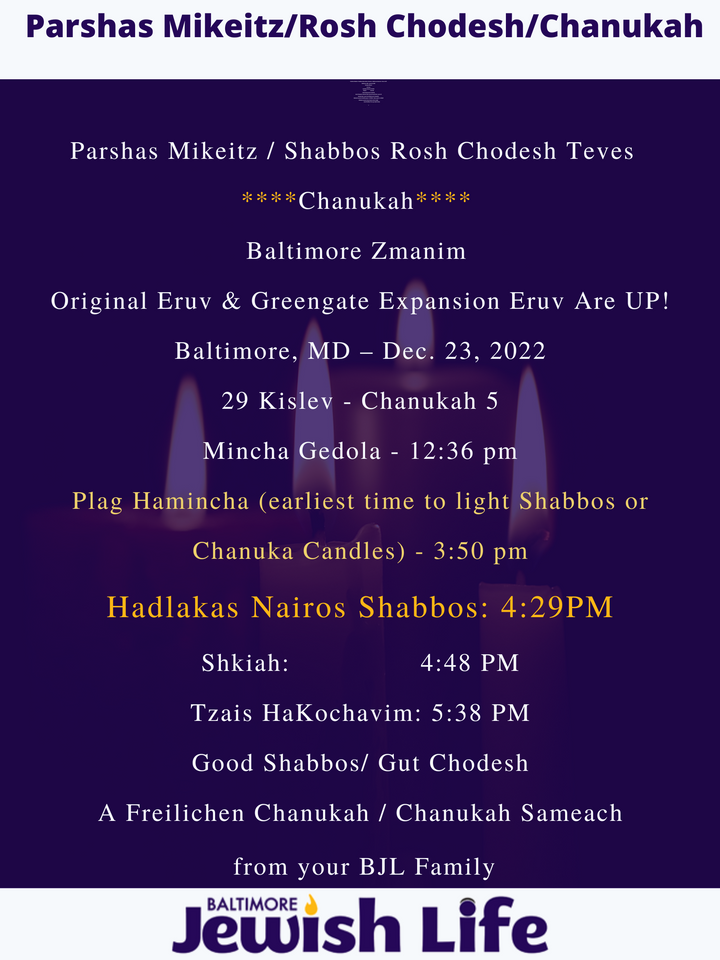 Baltimore Jewish Life Parshas Mikeitz / Shabbos Rosh Chodesh Teves